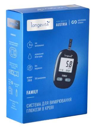 Глюкометр Longevita Family Система для измерения глюкозы в крови + Тест полоски 100шт(2*50шт) Longevita Family фото